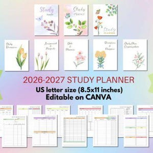 May include: A collection of study planners with floral watercolor designs. The 2026-2027 planner is US letter size (8.5x11 inches) and editable on Canva. The planner includes 118 pages, 8 covers, and 5 sections.