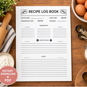May include: A white paper recipe log book template with black text and lines. The header reads RECIPE LOG BOOK with taco icons. Sections include recipe name, cook time, preparation time, servings, ingredients, instructions, and notes. A pink circular badge reads INSTANT DOWNLOAD PDF.