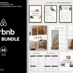 Könnte beinhalten: Ein Airbnb-Gastgeber-Bundle-Vorlagenset mit 45 Seiten anpassbarer Dokumente, darunter ein Willkommensbuch, Hausregeln, Reinigungschecklisten und Listen für wichtige Gegenstände, gestaltet in einem sauberen, professionellen Layout.