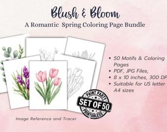 Romantic Spring Floral Coloring Pages Bundle, Paint Party Printables (8x10 inches)