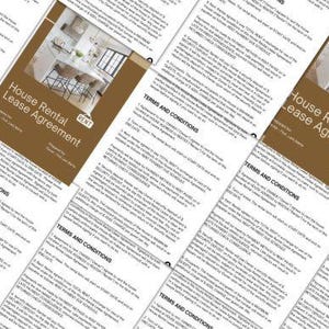 May include: A House Rental Lease Agreement document featuring a brown header with a photo of a kitchen interior. The text includes sections for terms and conditions, payment methods, and security deposits, with placeholders for names and dates.