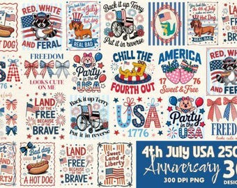 4th July USA 250th Anniversary PNG Bundle, Patriotic Sublimation Designs