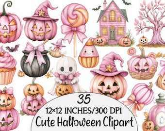 Pink Halloween Clipart Set: Pumpkins, Ghosts, Witch Hat (35 PNG Files)