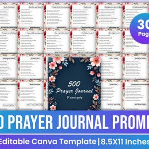 Pu&ograve; includere: Un prodotto digitale, un modello di diario di preghiera di 30 pagine con 500 spunti. Il design include elementi floreali e il testo "500 Prayer Journal Prompts" e "Editable Canva Template | 8.5X11 Inches". Dimensioni: 21,59 cm x 27,94 cm.