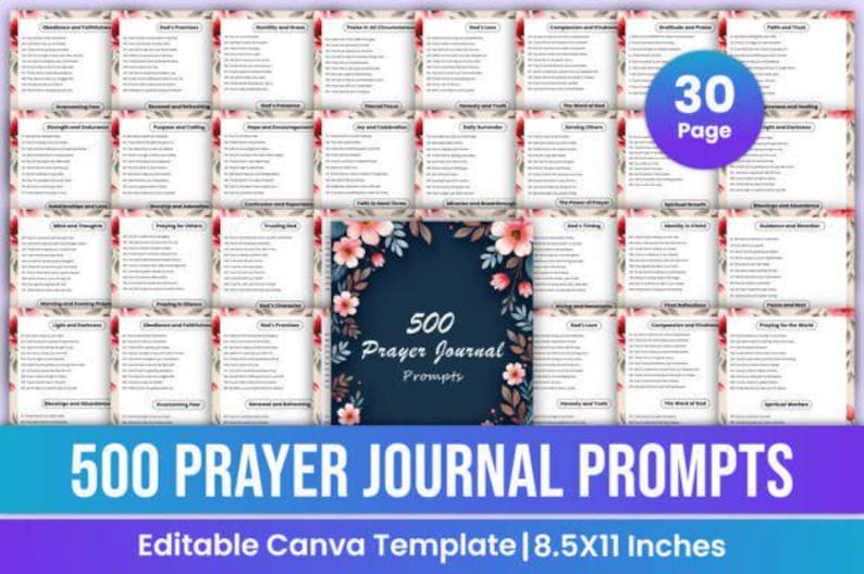 Pu&ograve; includere: Un prodotto digitale, un modello di diario di preghiera di 30 pagine con 500 spunti. Il design include elementi floreali e il testo "500 Prayer Journal Prompts" e "Editable Canva Template | 8.5X11 Inches". Dimensioni: 21,59 cm x 27,94 cm.