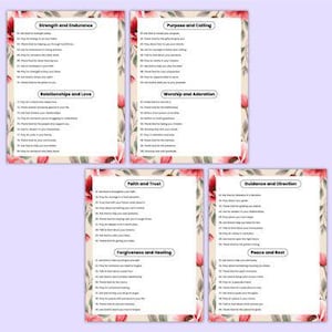 Pu&ograve; includere: Cinque carte con bordi floreali e testo. Le carte sono intitolate: Forza e Resistenza, Scopo e Vocazione, Relazioni e Amore, Adorazione e Culto, Fede e Fiducia, Guida e Direzione, Perdono e Guarigione e Pace e Riposo. Lo sfondo &egrave; lilla chiaro.