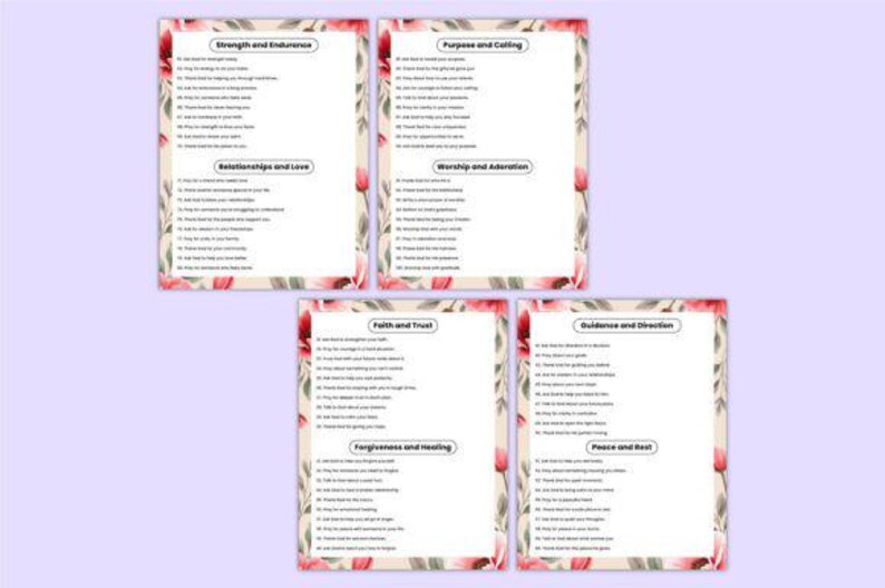 Pu&ograve; includere: Cinque carte con bordi floreali e testo. Le carte sono intitolate: Forza e Resistenza, Scopo e Vocazione, Relazioni e Amore, Adorazione e Culto, Fede e Fiducia, Guida e Direzione, Perdono e Guarigione e Pace e Riposo. Lo sfondo &egrave; lilla chiaro.