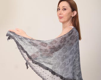 Charcoal Grey Fringed Cotton Scarf - Dark Grey Lightweight Summer Wrap | Soft Tassel Stole