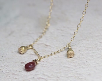 9k solid gold charm necklace, Delicate gold necklace, Pink tourmaline with poppy pod, Bridal jewelry, Wedding necklace