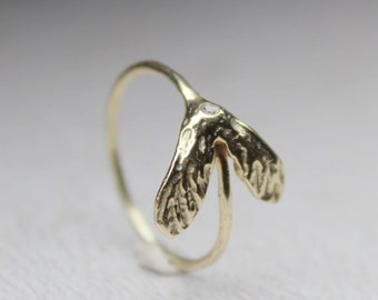 Handmade 9ct Gold Double Maple Seed Ring with Tiny White Topaz - Unique Lost Wax Craftsmanship, Nature-Inspired Jewelry Gift