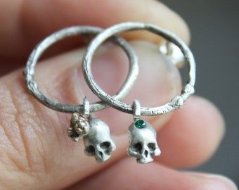 Mix and match earrings, Skull earrings, Mismatched stud earrings, Open circle earrings, Silver skull jewelry, Unique earrings