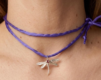 Collier ras de cou libellule en argent avec rubis, collier en soie, cadeau bijoux nature féerique