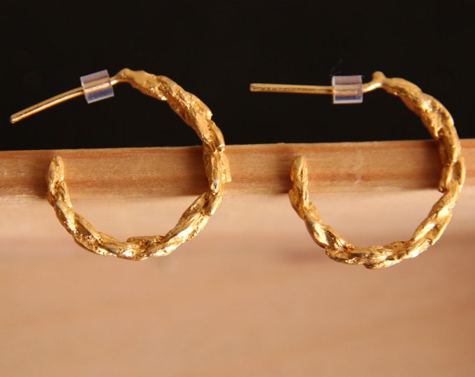 Gold plated hoop earrings, Nature inspired jewellery, Botanical small hoops