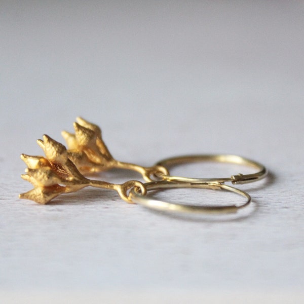 Gold hoop earrings, Eucalyptus earrings , Charm gold hoops, Minimal jewelry, Wedding earrings ,Gift for her