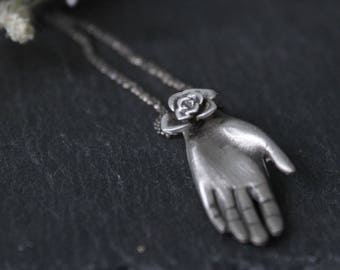 Hand necklace-Sterling silver hand pendant-Layering necklace-Hand amulet -Succulent jewelry-Open hand pendant-Giving necklace-Hamsa necklace