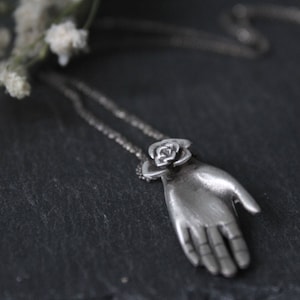 Oxidized Sterling Silver Hand Necklace: Succulent Amulet, Giving Jewelry