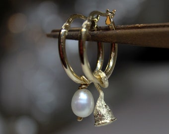 9k solid gold hoop earrings, Semi oval mismatched hoops, Valentine’s gift, Wedding pearl earrings