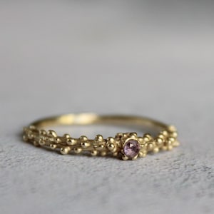 14k solid gold dot ring with pink zirconia, Gold stackable ring, Minimal gold ring
