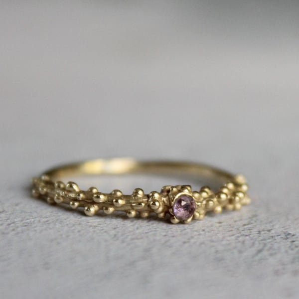 Anillo de puntos de oro macizo de 14k con circonita rosa, anillo apilable de oro, anillo de oro mínimo