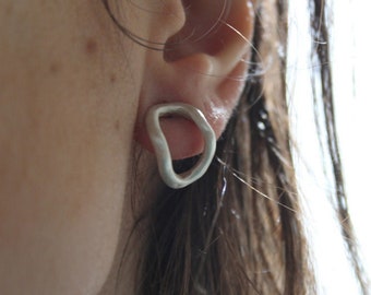 Open oval stud earrings, Sterling silver minimal earrings, Everyday earrings