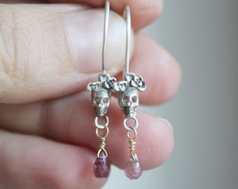 Tiny sugar skull earrings in sterling silver with pink tourmaline