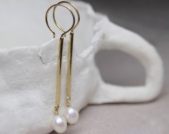 14K Gold Bar Earrings with pearls - Long line earrings -Minimalism elegance jewelry , Wedding earrings