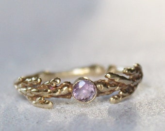 14k cedar leaf ring, Amethyst engagement ring, Birthstone gold ring, Ring for her
