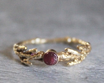14K gold ruby ring, Engagement ruby ring, Cedar leaf ring, Birthstone gold ring, Gold leaf ring , Ring for her