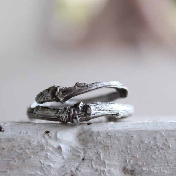 Bague double branche, bague réglable de mariage rustique, bague brindille en argent sterling