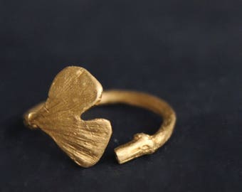 Solid gold nature ring, Ginkgo leaf ring , 14K Promise ring, Organic jewelry , Gold twig ring , Engagement ring , Gift for her