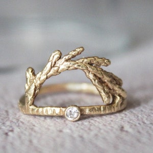 14k Solid Gold Cedar Leaf Ring: White Zircon Alternative Engagement