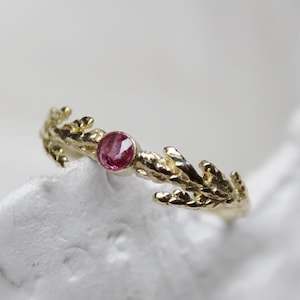 14K Engagement ruby ring, Juniper gold leaf ring, Birthstone gold ring, Gold leaf ring , Ring for her