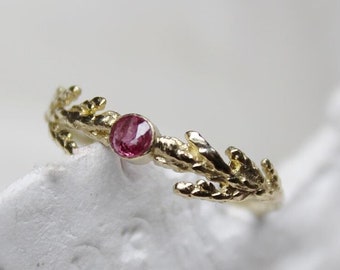 Anello di fidanzamento in oro 14 carati con rubino: anello con pietra portafortuna a foglia di cedro