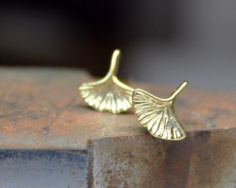 14k gold ginkgo leaf stud earrings, Tiny gold earrings, Minimalist studs, Gift for her