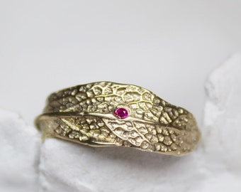 Elegant 9K Gold Leaf Ruby Ring , Perfect gift  for Anniversaries, Promises, Wedding band for nature lovers