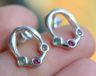 Gemstone stud earrings, Recycled sterling silver oval earrings, Multi gemstone earrings, gift for her