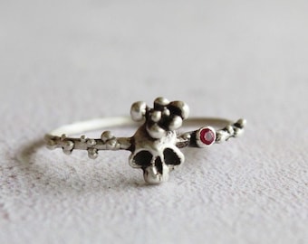 Sterling Silver Sugar Skull Ring: Hot Pink Zircon Gemstone