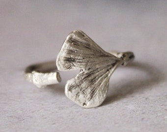 Sterling Silver Ginkgo Leaf Ring: Adjustable Nature Jewelry