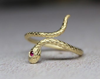 Symbolic 9ct gold snake ring , Adjustable serpent elegance ring ,Ruby gold ring , Gift for nature lovers