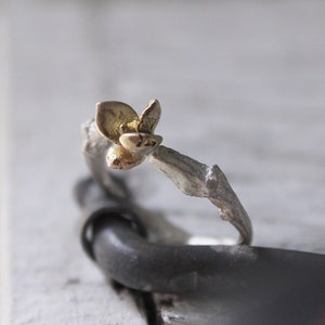 9k Gold Succulent Ring with Sterling Silver Twig Band - Unique Nature Inspired Proposal Elegance