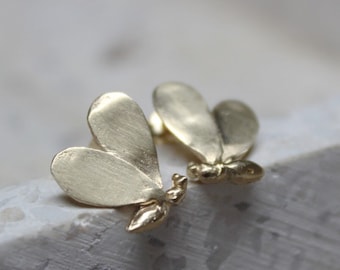 14k solid gold tiny bee stud earrings, Insect jewelry, Gift for her