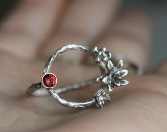 Red garnet ring, Open circle ring, Silver succulent ring, Unique nature ring, Gemstone ring, Gift for her