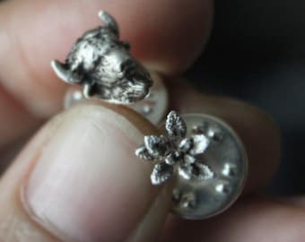 Silver Lapel Pin, Set of two pin, Sterling silver pin set, Buffalo pin, Succulent pin, Boho pin Brooch ,Gift for her