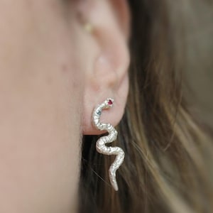 Textured Sterling Silver Snake Earrings, Ruby Blue Zircon Eyes, Gothic Nature Jewelry