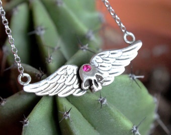 Skull with angel wings necklace, Ruby  skull jewelry,Gothic skull jewelry
