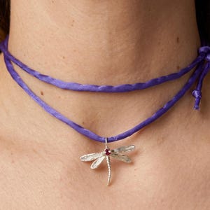 Silver Dragonfly Choker Necklace with Ruby, Silk Wrap Necklace, Fairy Nature Jewelry Gift
