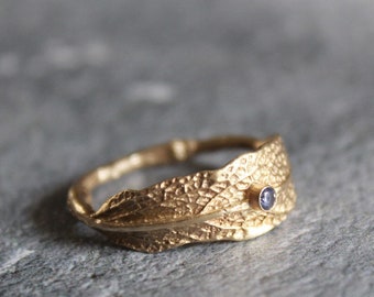 14k solid gold leaf ring, Alternating wedding band , Leaf engagement ring with topaz, Gift for her