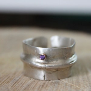 Chunky sterling silver ring with 2mm amethyst gemstone, Adjustable organic ring image 7