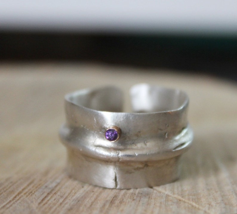 Chunky sterling silver ring with 2mm amethyst gemstone, Adjustable organic ring image 7