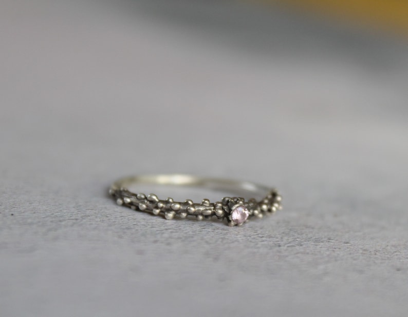 Sterling silver dot ring with pink zirconia , Skinny granulated ring image 1